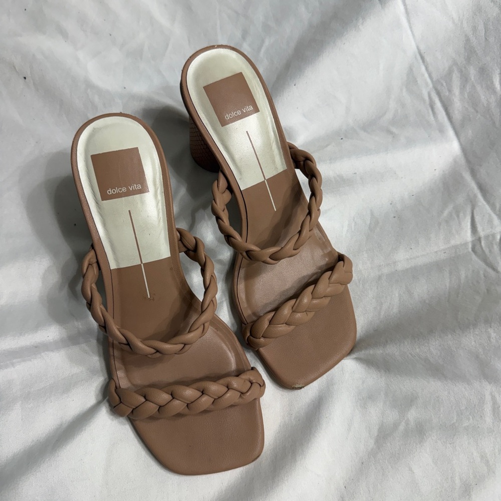 Dolce Vita Braided Strap Mule Heels Tan Women’s Size 7.5 Square Toe Sandals